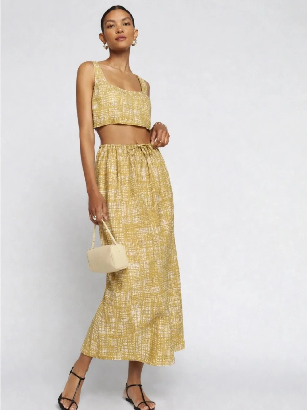 Reformation Amir Linen Two Piece Set Yellow Top and Maxi Skirt Size M